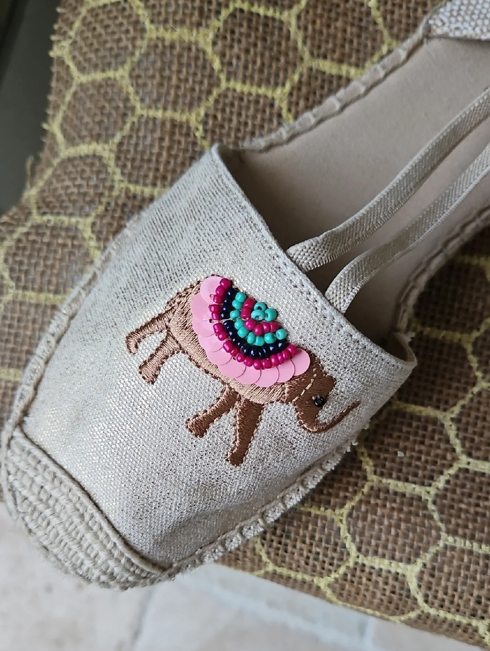 Tabots Ivy Camel Flat Metallic Embroidered Espadrilles